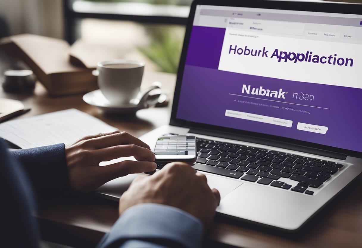 Uma pessoa sentada em uma mesa com um laptop e um smartphone, preenchendo um pedido de empréstimo online, com o logo do Nubank visível na tela.
