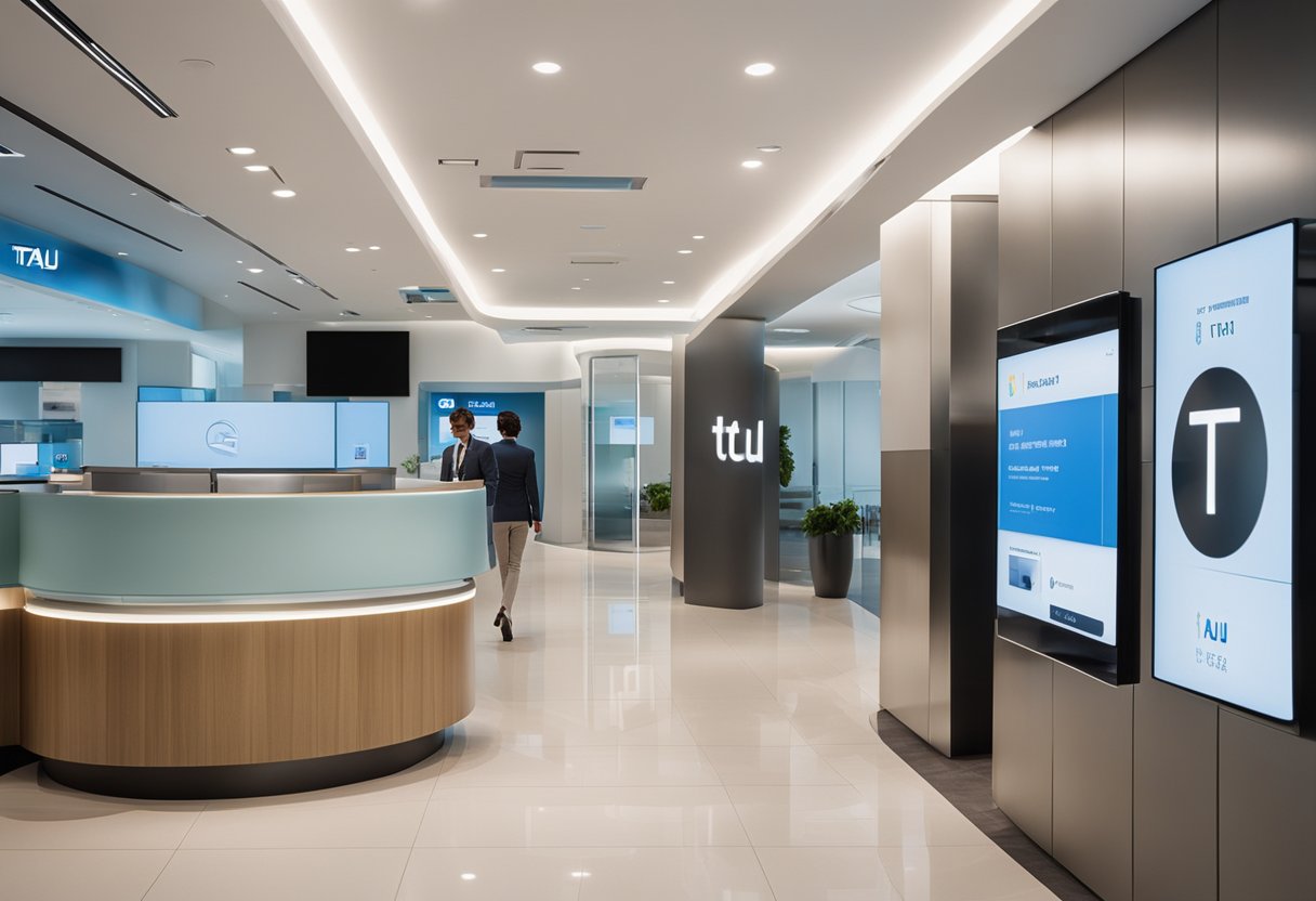 Uma pessoa entra em uma agência bancária moderna e iluminada, com móveis elegantes e telas digitais exibindo o logo do Itaú.