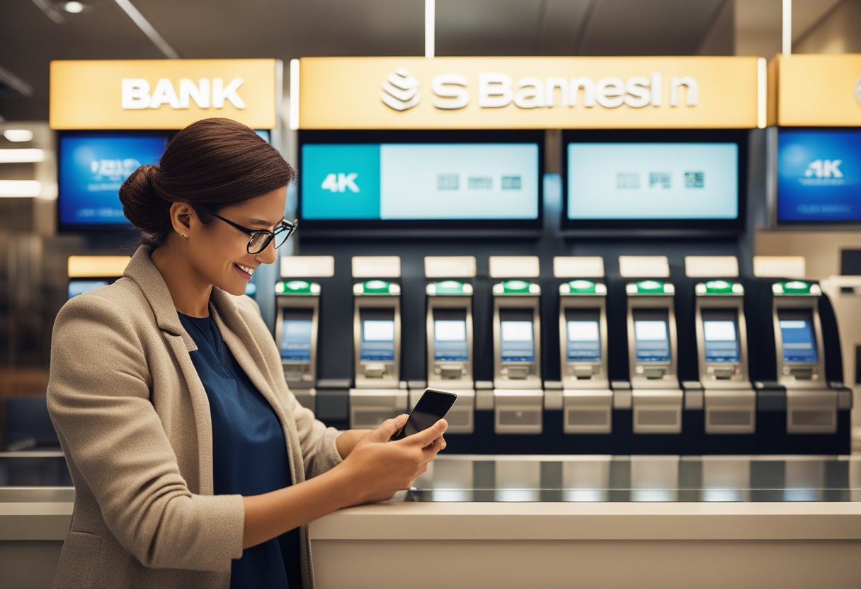 Um cliente do banco usando um smartphone para fazer um depósito imediato, com o logotipo do banco visível na tela.