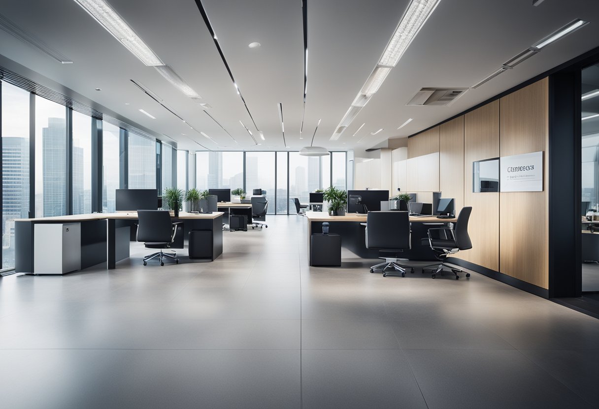 Um escritório moderno e elegante com um logotipo exibido de forma proeminente em uma tela digital. Uma atmosfera profissional com linhas limpas e um senso de confiabilidade.