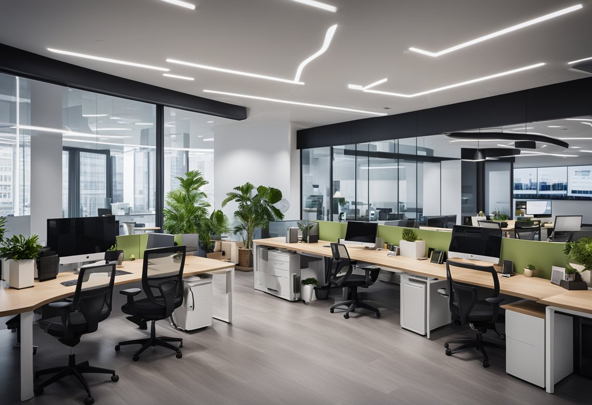 Um escritório brilhante e moderno com o logo da FinanZero exibido de forma proeminente na parede, cercado por uma equipe de profissionais trabalhando diligentemente em suas mesas.