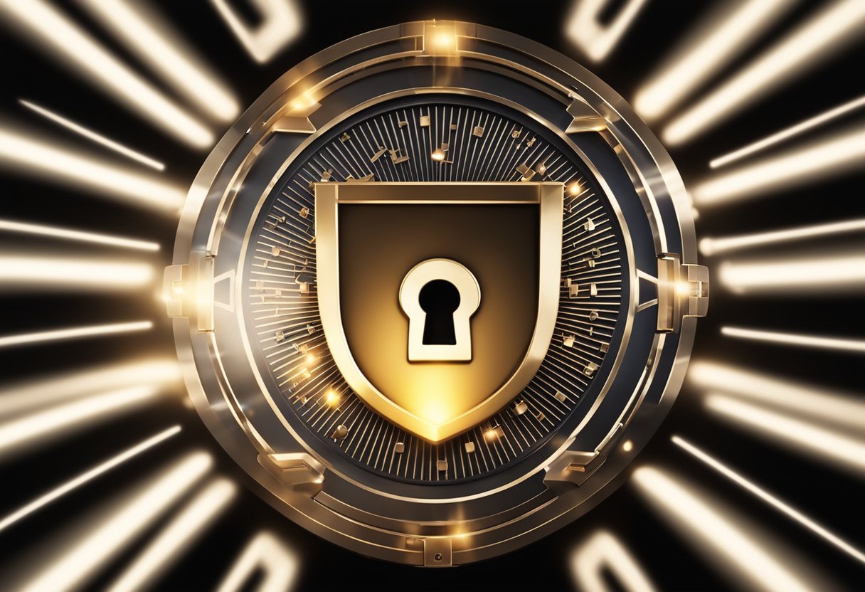 Um escudo com um símbolo de cadeado, cercado por uma aura brilhante, simbolizando confiança e segurança