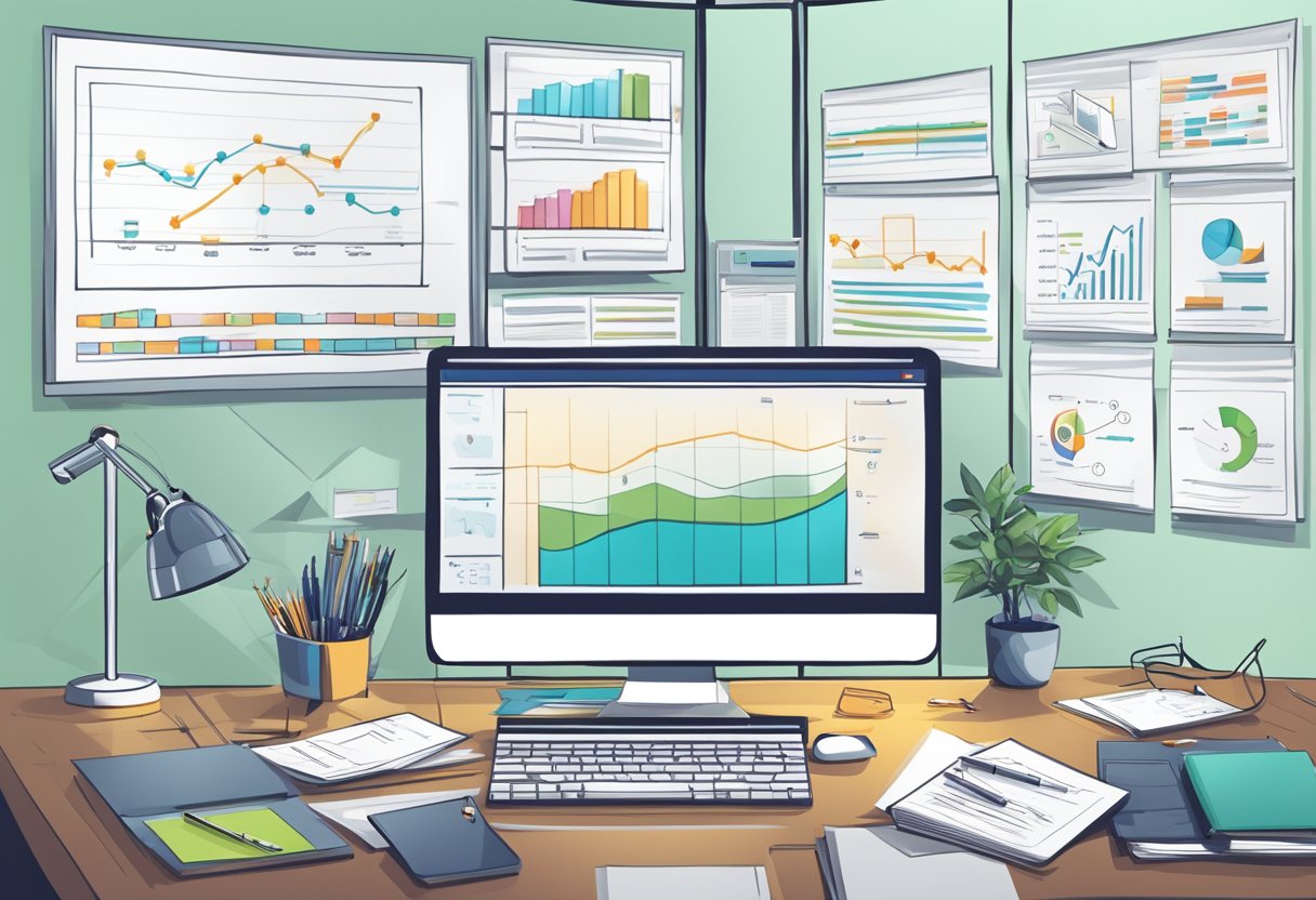 A modern office setting with a computer, charts, and a whiteboard filled with diagrams and notes on business structuring and tax planning for IT startups