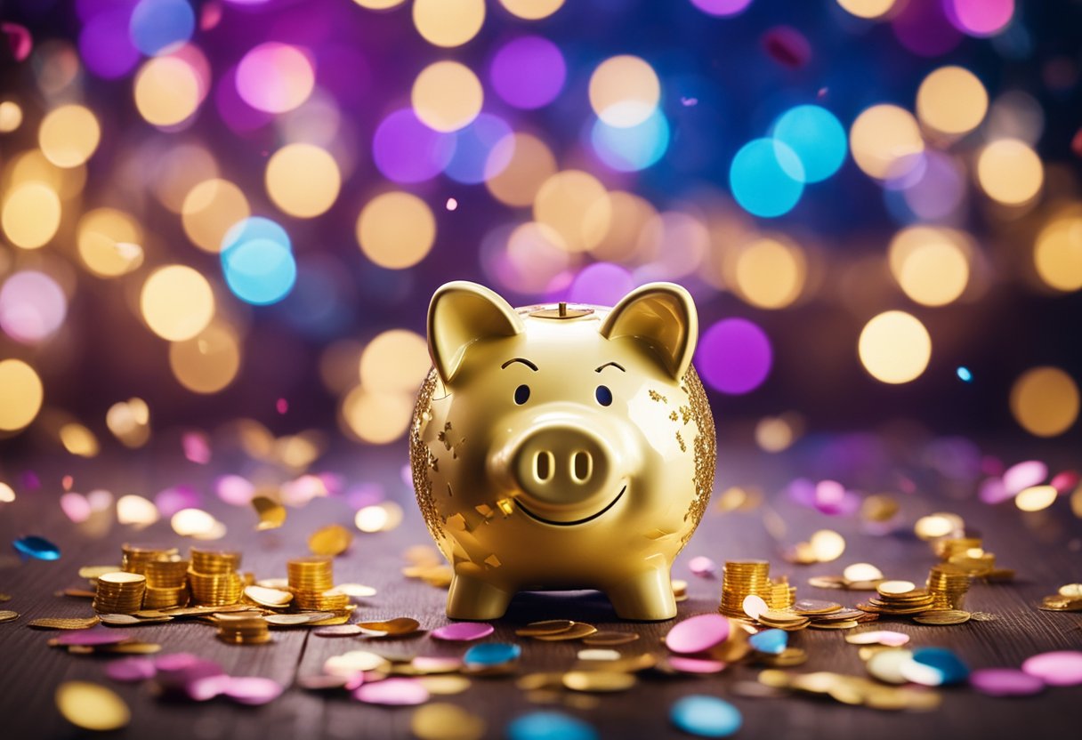 Um cofre de porquinho transbordando de dinheiro, cercado por confetes e decorações de celebração