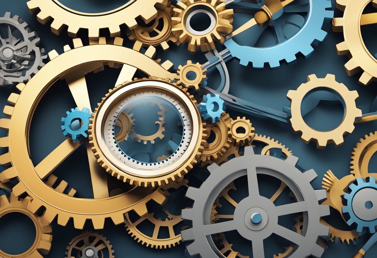 A group of interconnected gears symbolizing the complex structure of business operations, with a magnifying glass highlighting tax planning strategies