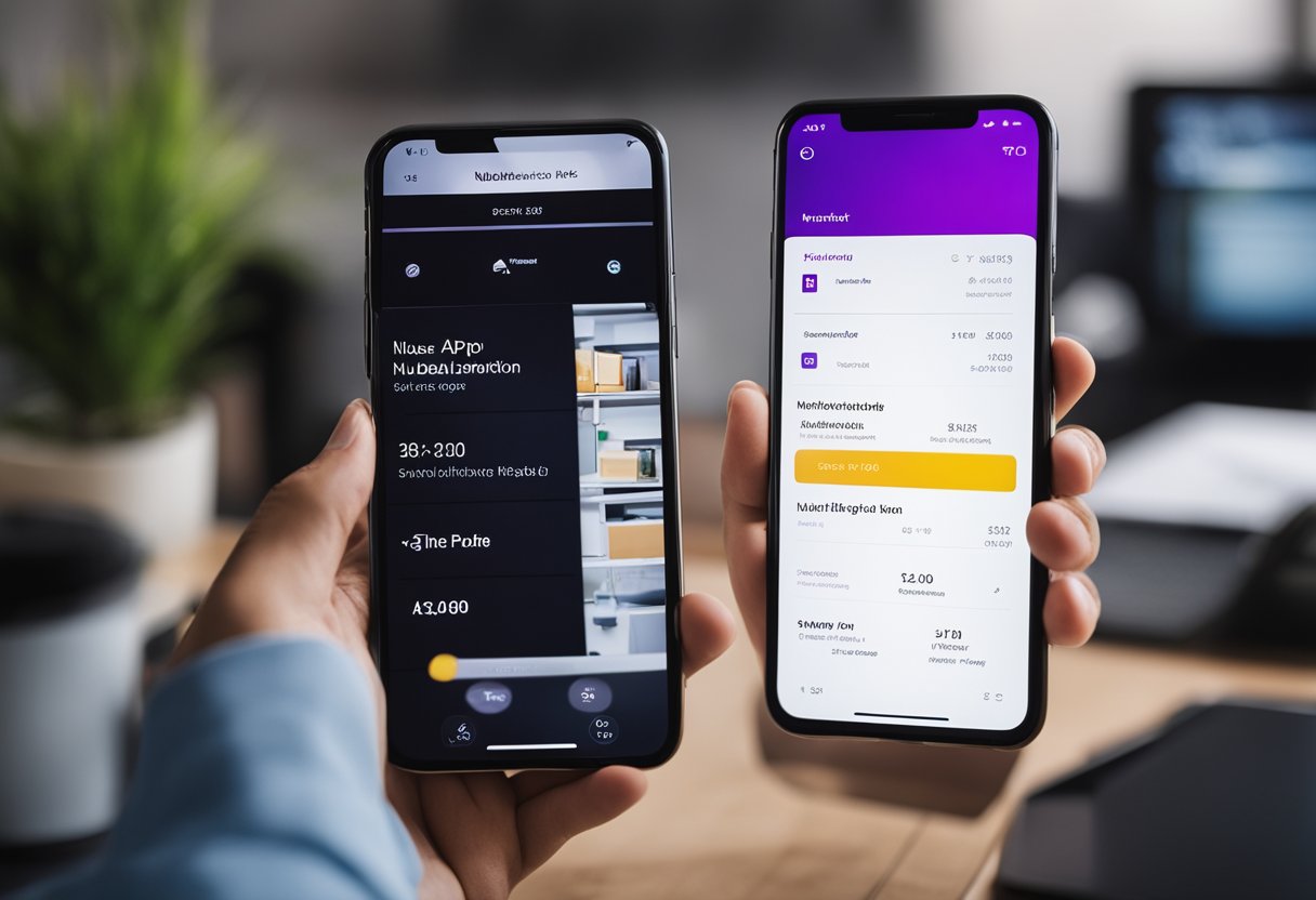 Um smartphone exibindo o aplicativo do Nubank com a opção de antecipação do 13º salário destacada, cercado por um ambiente de trabalho moderno e minimalista