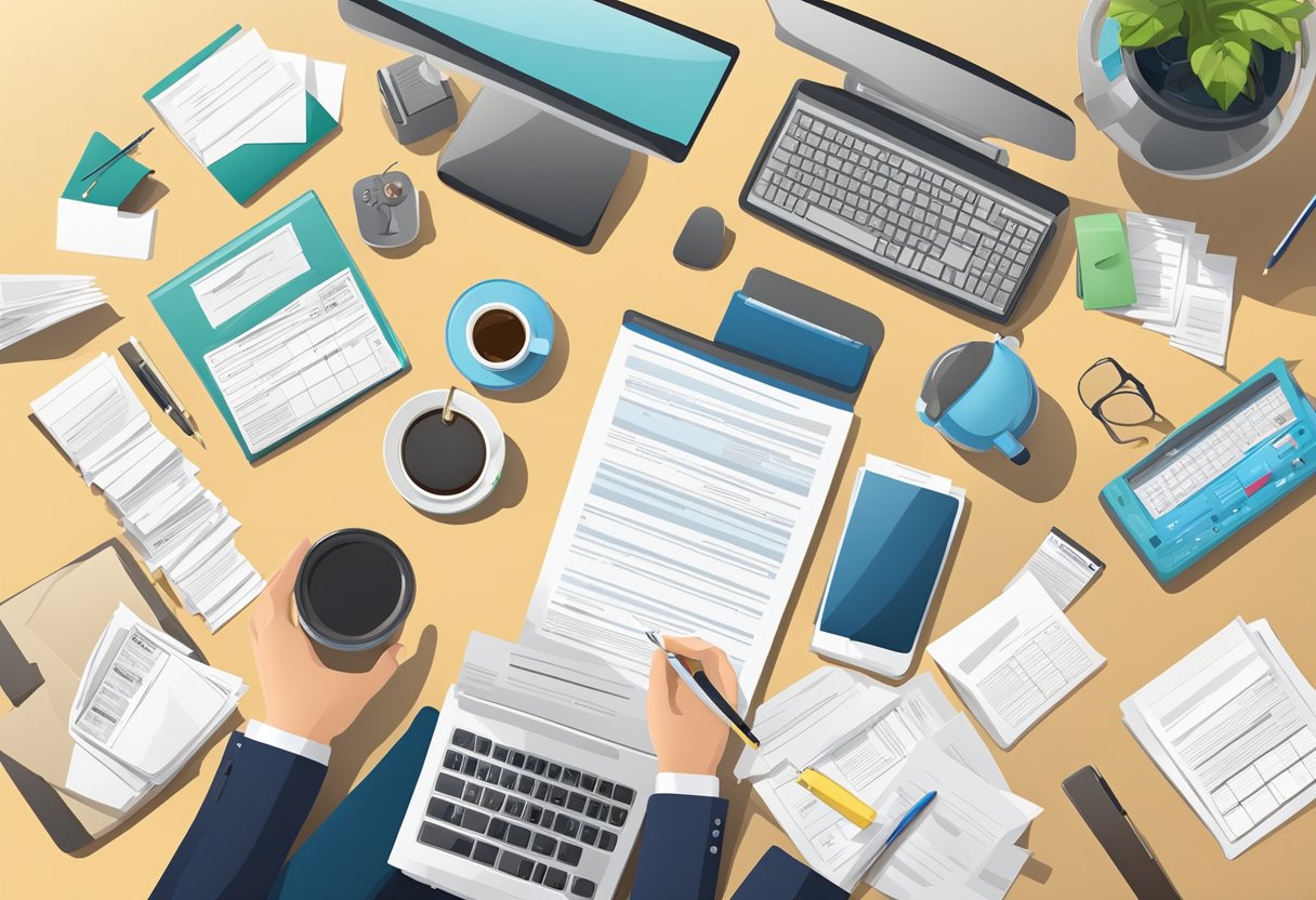 A modern office desk with a computer, legal documents, and tax forms