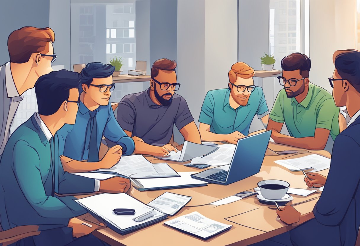 A group of IT professionals gather around a table, discussing business structures and tax planning strategies for their startup