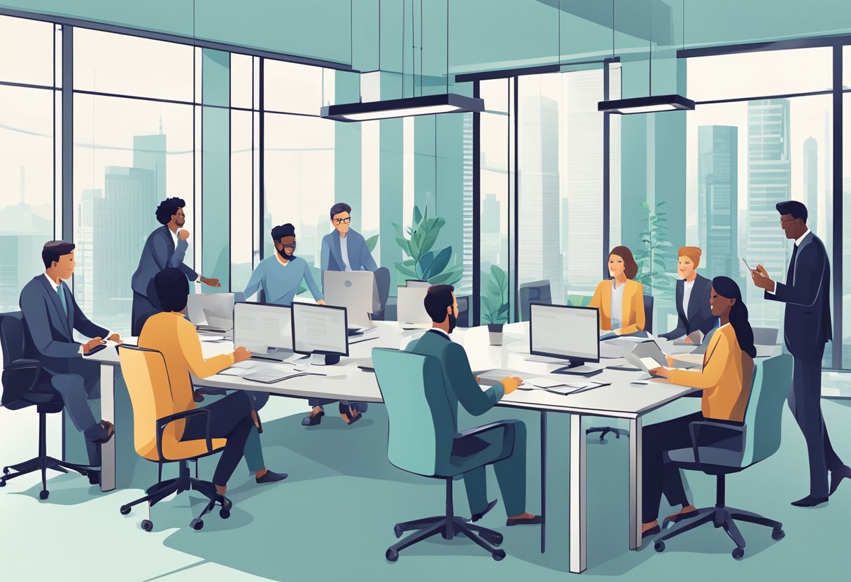 A group of IT professionals discussing financial planning and funding strategies in a modern office setting