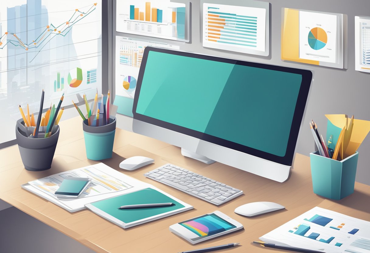 A modern office desk with a computer, smartphone, and organized paperwork. Charts and graphs on the wall display business growth and financial planning