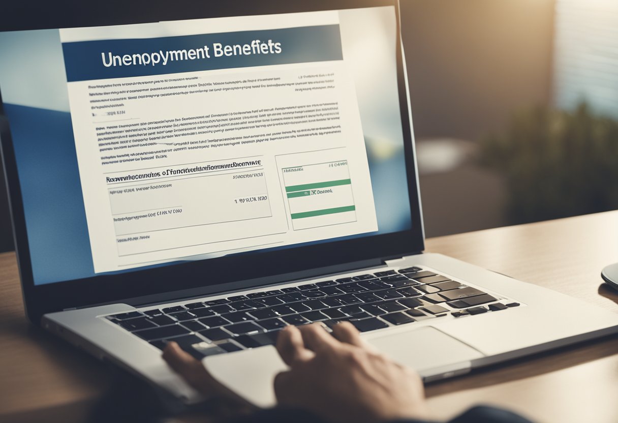 Uma jovem recebendo informações sobre benefícios de desemprego de um documento com aparência oficial ou de uma tela de computador.