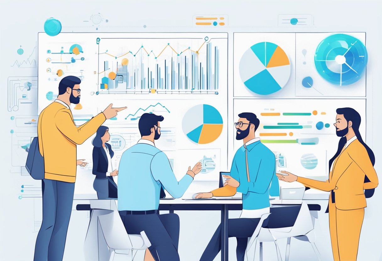 A group of professionals networking and discussing business strategies for IT startups, with charts and diagrams on a whiteboard