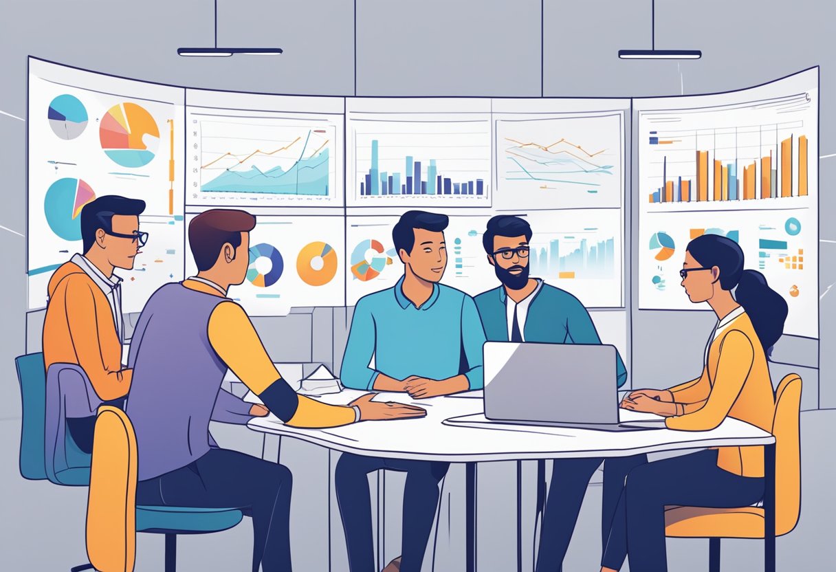 A group of IT startup employees brainstorming and strategizing around a table, with charts and graphs displayed on a large screen in the background