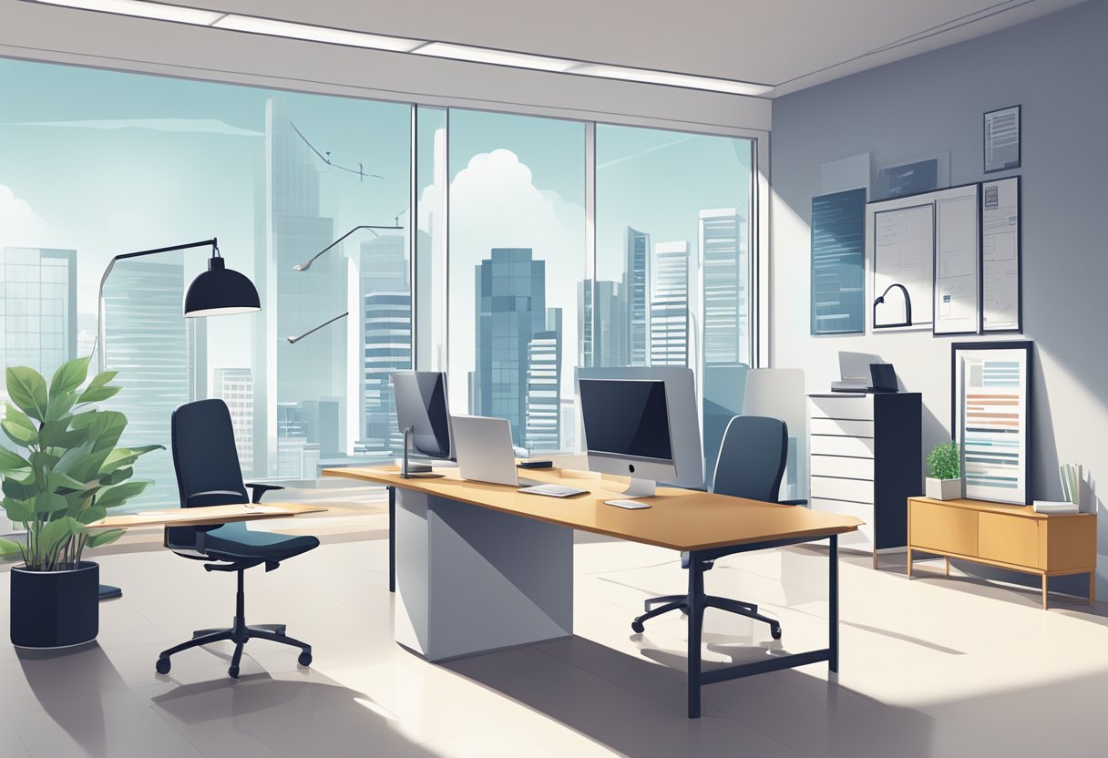 A modern office space with a sleek desk, computer, and financial documents. Charts and graphs on the wall illustrate tax planning strategies