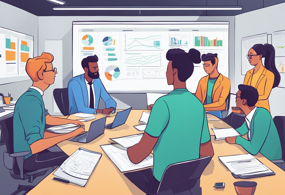 An IT startup office with a whiteboard filled with business structuring and tax planning tips, surrounded by brainstorming team members