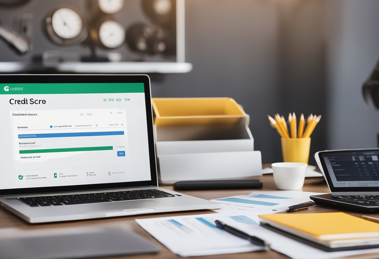 Uma mesa limpa e organizada com um laptop aberto em um site de pontuação de crédito, cercada por papéis e um lápis