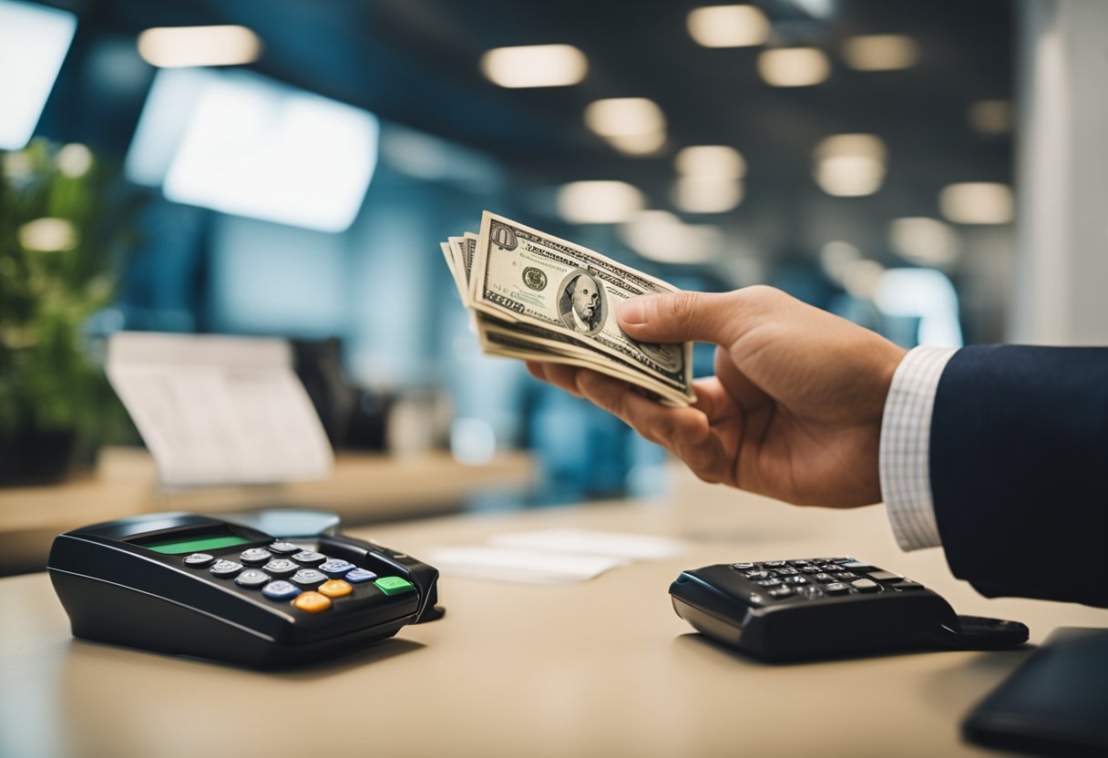 Uma pessoa deposita dinheiro em um banco 24 horas.