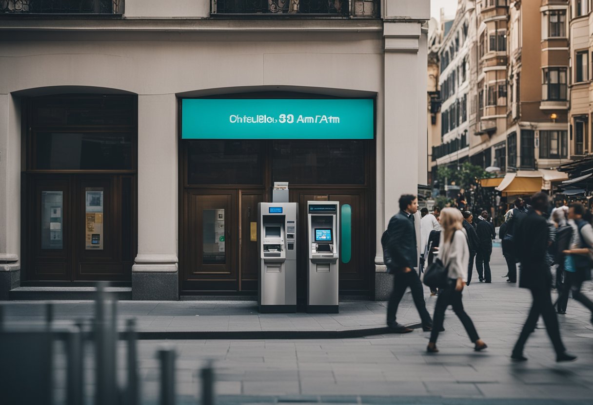 Uma rua movimentada da cidade com um caixa eletrônico isolado cercado por edifícios e pessoas passando.