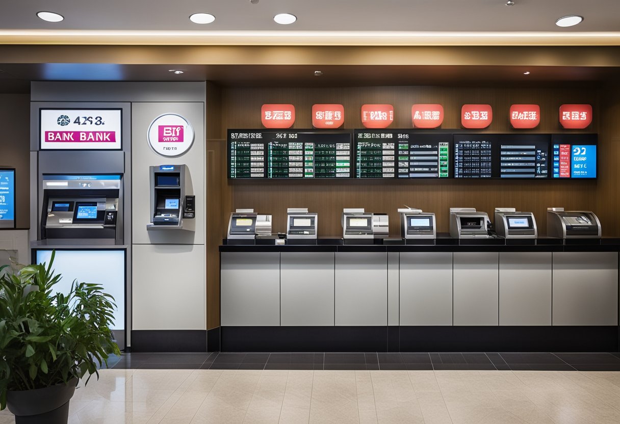 Um banco 24 horas com uma fenda para depósitos, cercado por uma variedade de placas e símbolos de serviço