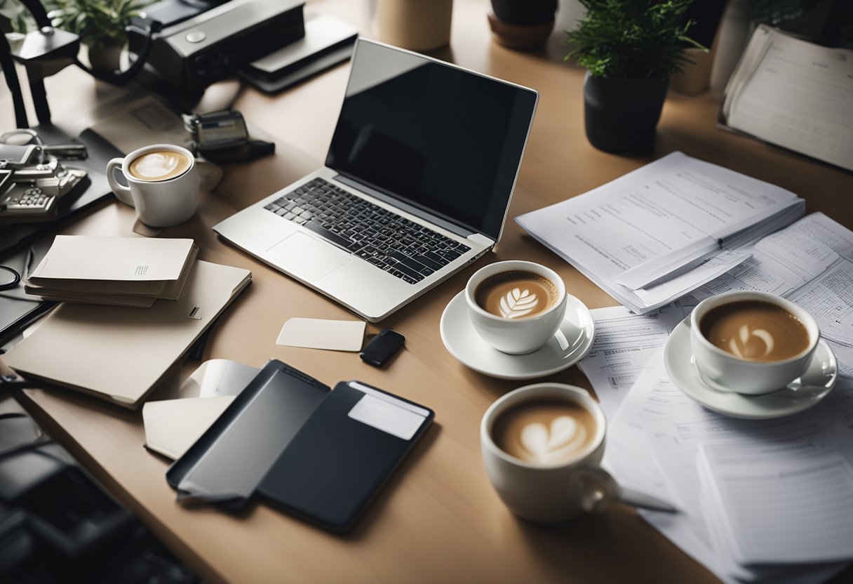Uma mesa bagunçada com documentos espalhados, um computador e uma caneca de café