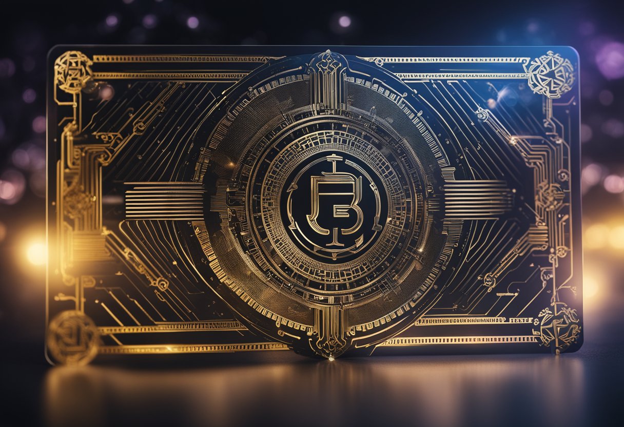 Um close de um cartão de identificação misterioso com detalhes e símbolos intrincados, cercado por uma aura brilhante