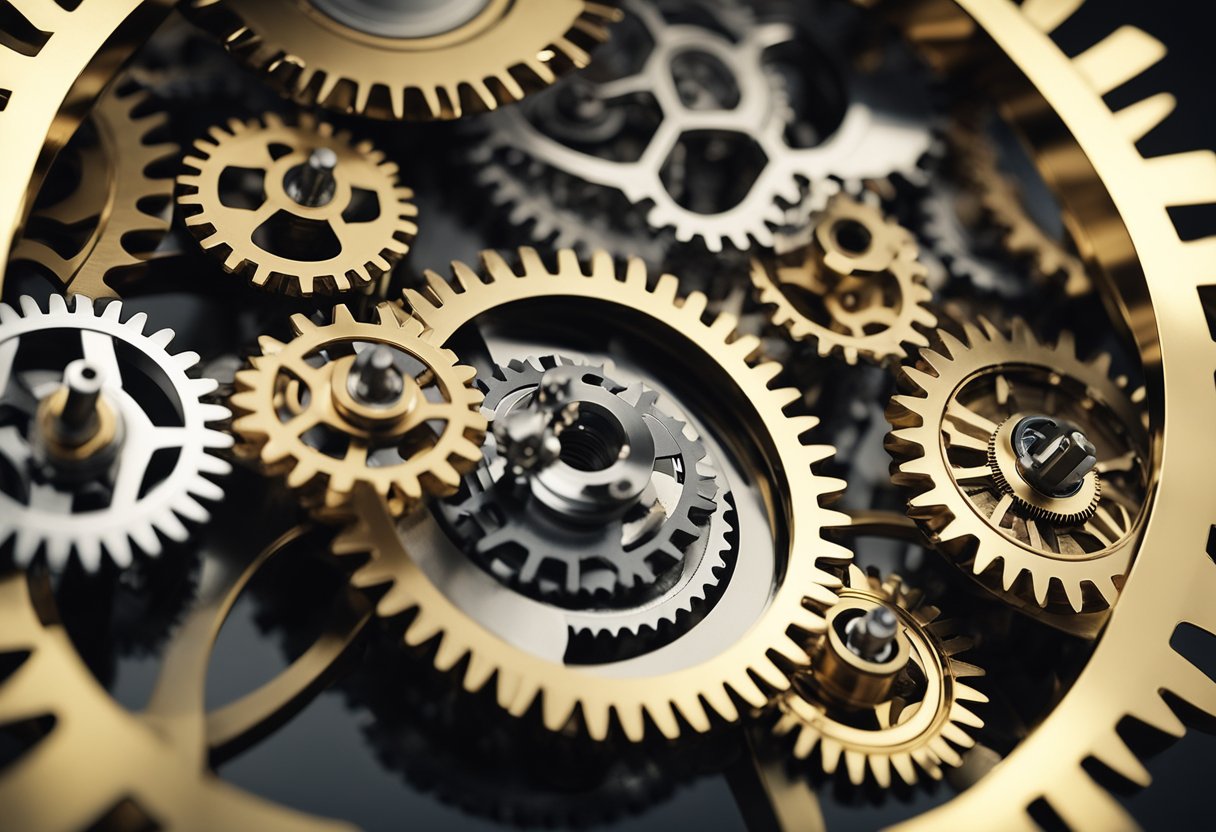 Uma série de engrenagens e componentes mecânicos interconectados, simbolizando a estrutura e a complexidade da série "RG".
