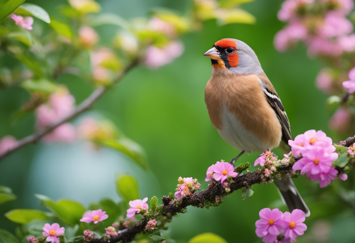 Um único tentilhão empoleirado em um galho delicado, cercado por folhas verdes vibrantes e flores coloridas.