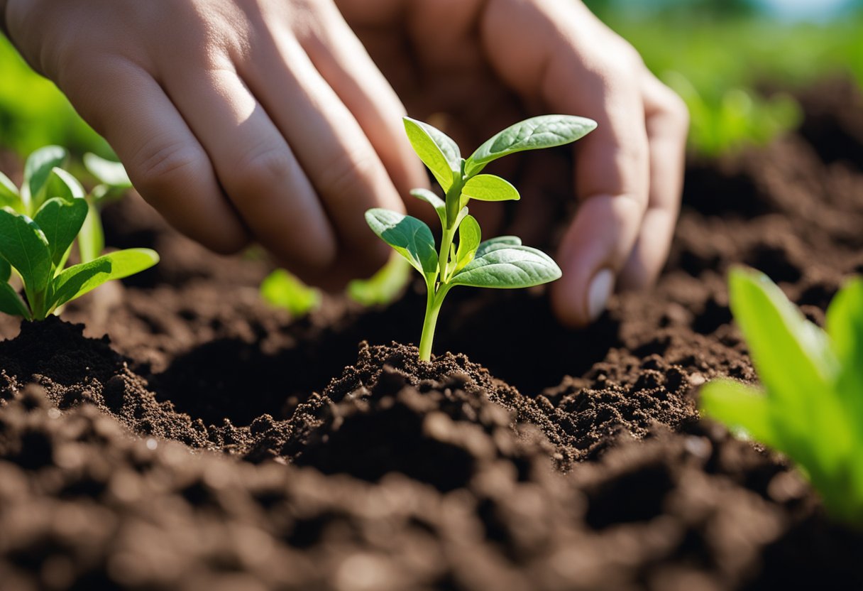 Uma mão plantando uma pequena muda em solo rico, cercada por plantas verdes vibrantes e um céu azul claro.