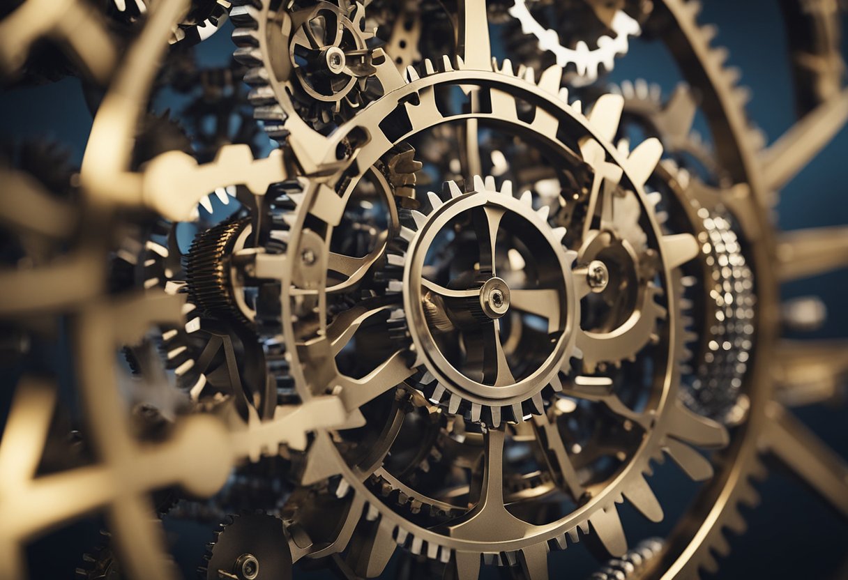 Uma rede de engrenagens e rodas dentadas interconectadas, simbolizando os princípios de funcionamento da Fincare, com um ponto focal central e vários componentes menores se ramificando a partir dele.