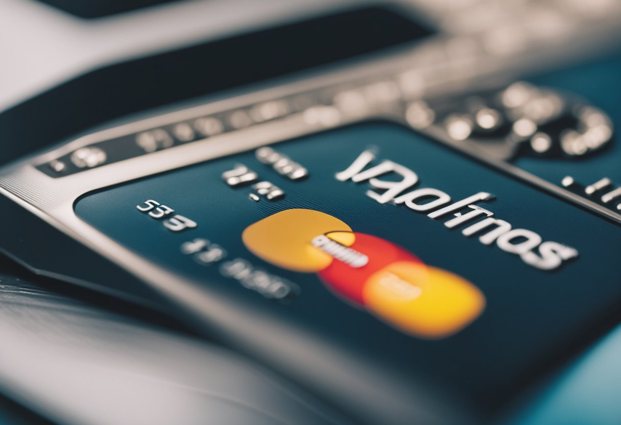 Um logotipo de banco em um cartão de crédito sendo passado em um terminal de pagamento