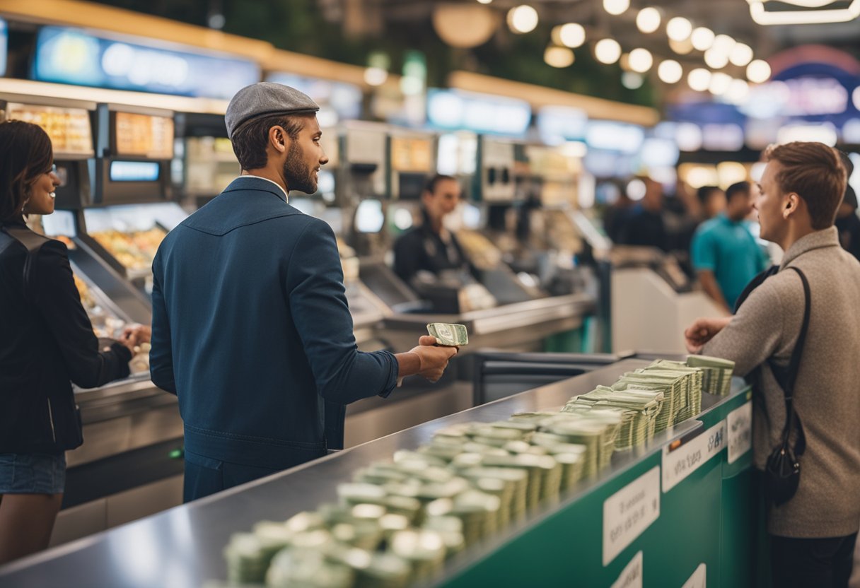 Uma pessoa em pé na fila de um quiosque de loteria, entregando dinheiro ao caixa, com uma chave de carro na mão.
