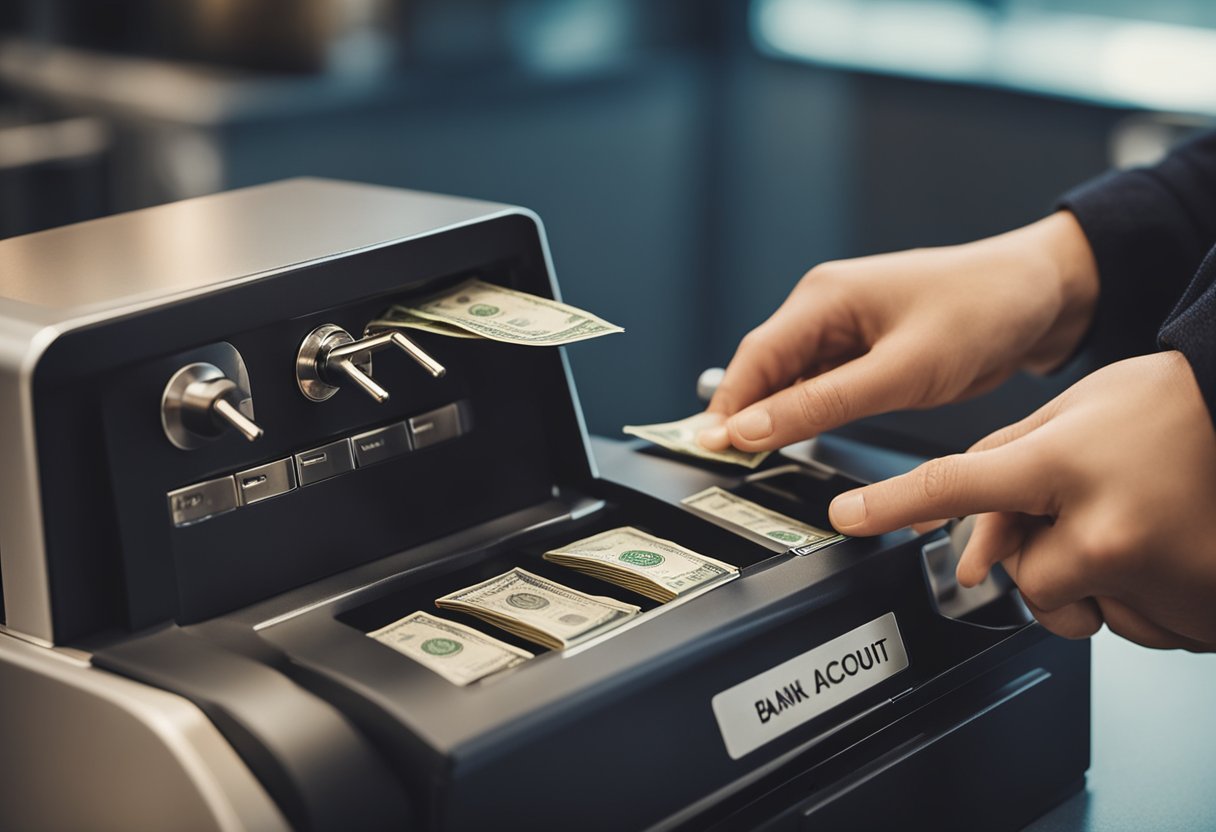 Uma mão colocando dinheiro em uma conta bancária trancada