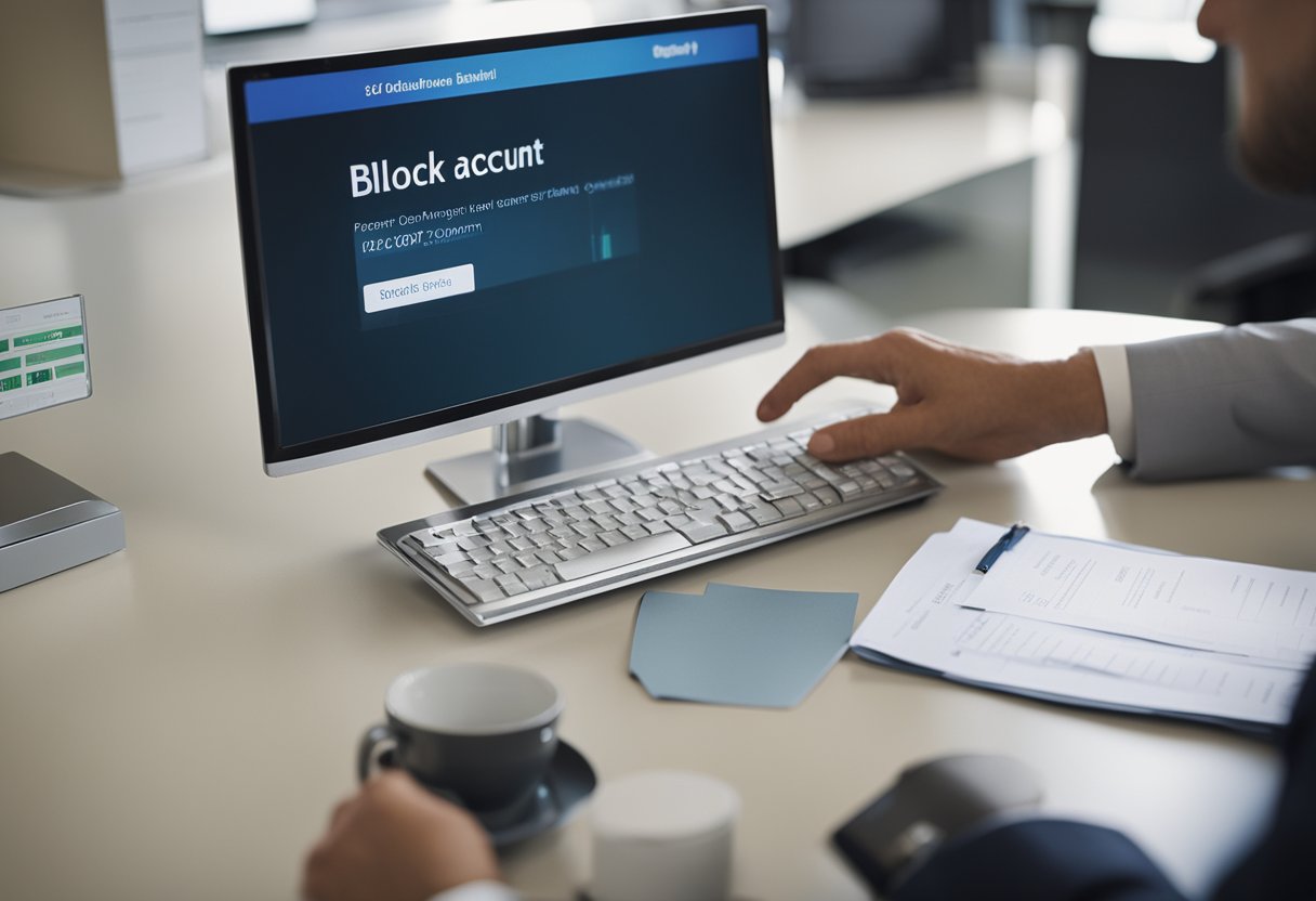 Um caixa de banco se recusando a aceitar um depósito, pois a conta do cliente está marcada como "bloqueada" na tela do computador.