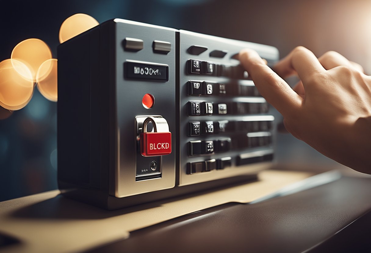 Uma mão se estendendo em direção a uma conta bancária bloqueada com um símbolo vermelho de "bloqueado"