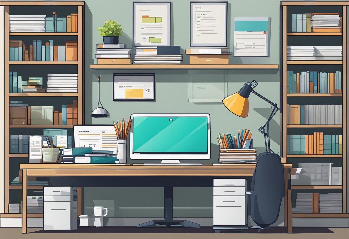 A home office desk with a laptop, calculator, and tax documents scattered about, surrounded by shelves of organized files and a calendar on the wall