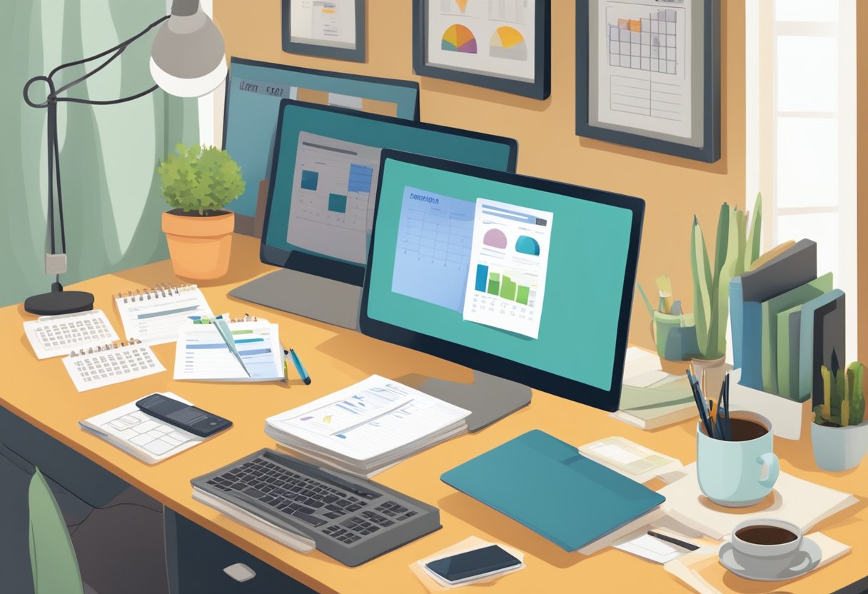 A cozy home office with a laptop, calculator, and organized files. A bulletin board displays tax deadlines and a calendar marks important dates