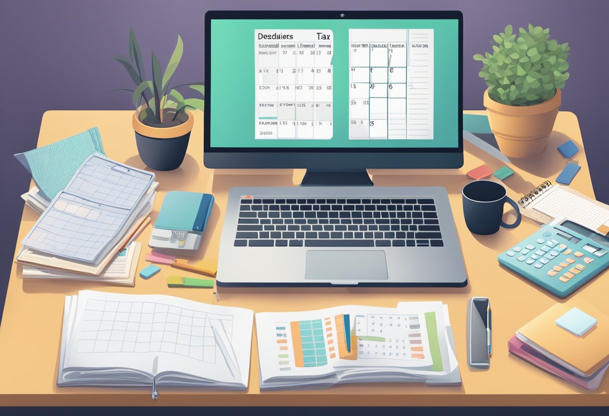 A cluttered home office desk with a laptop, calculator, receipts, and a planner. A calendar on the wall shows upcoming tax deadlines