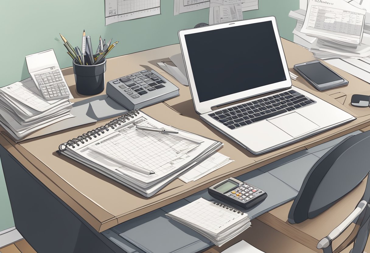 A home office desk with a calendar, planner, and computer, surrounded by receipts and financial documents, with a calculator and tax forms nearby