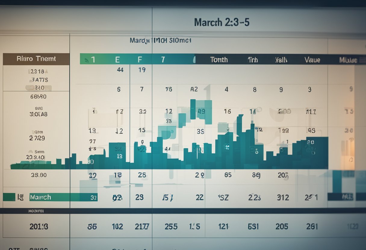 Um gráfico mostrando uma tendência de queda no valor, com um calendário exibindo o mês de março destacado