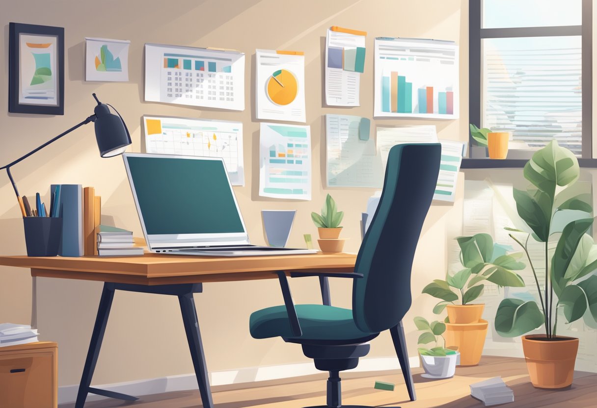 A desk with a laptop, calculator, and financial documents. A calendar with tax deadlines. A chart tracking expenses. A cozy home office setting