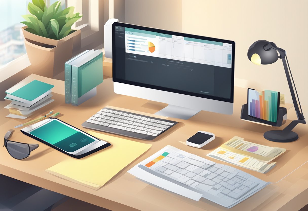 A desk with a computer, calculator, and paperwork. A smartphone displaying a financial app. A home office setup with natural light