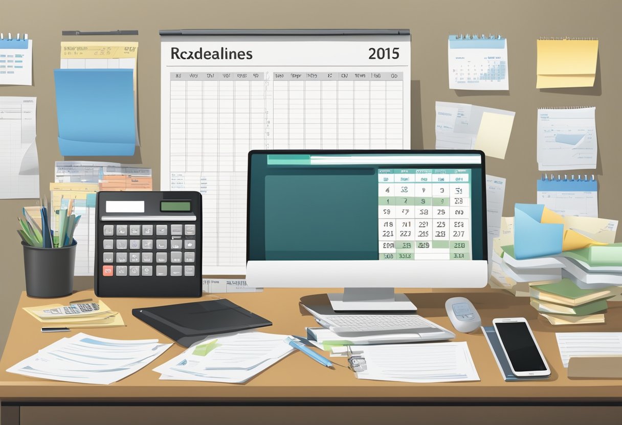 A desk with a laptop, calculator, and paperwork. A calendar on the wall with tax deadlines circled. Receipts and invoices organized in a file folder