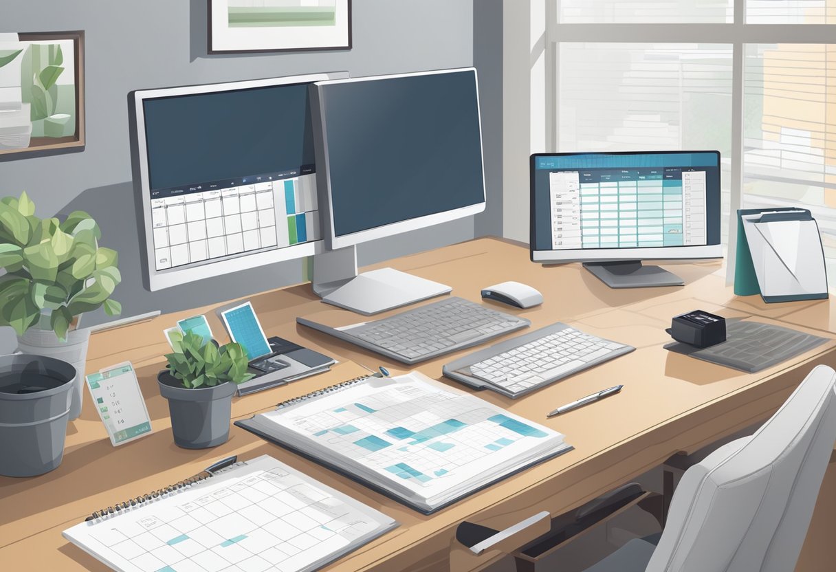 A modern home office setup with a computer, printer, and files. A desk calendar with tax deadlines and a spreadsheet of expense tracking