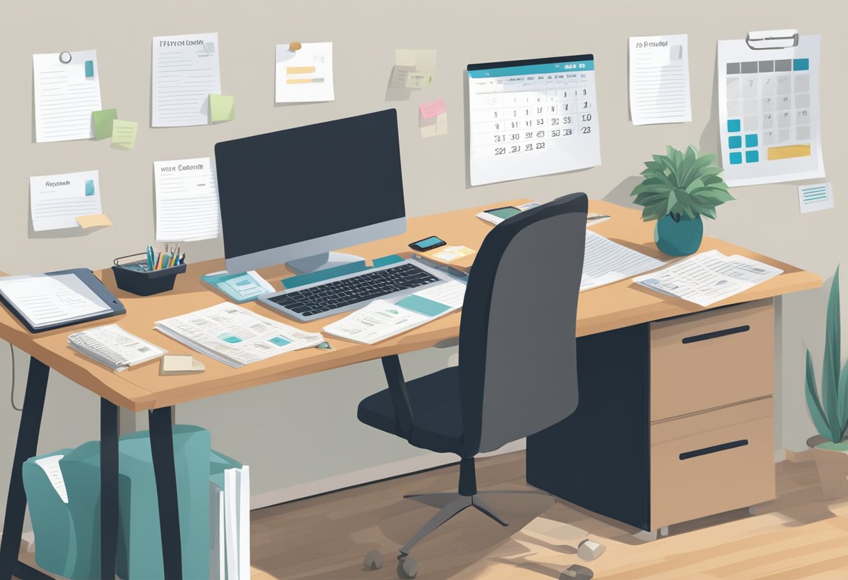 A home office desk with a laptop, calculator, and receipts scattered around. A calendar with tax deadlines and a list of frequently asked questions pinned to the wall