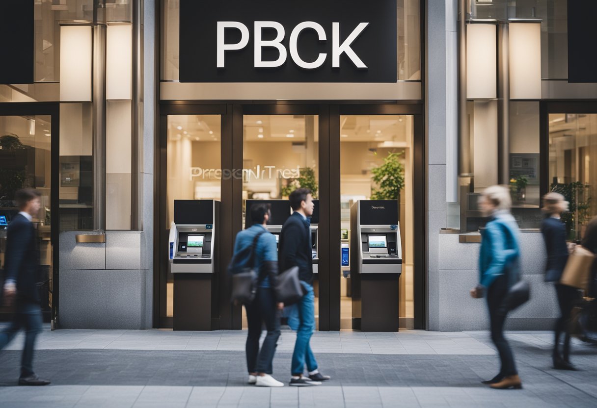 Uma agência bancária movimentada com clientes nos guichês, caixas eletrônicos e um logo exibido de forma proeminente.