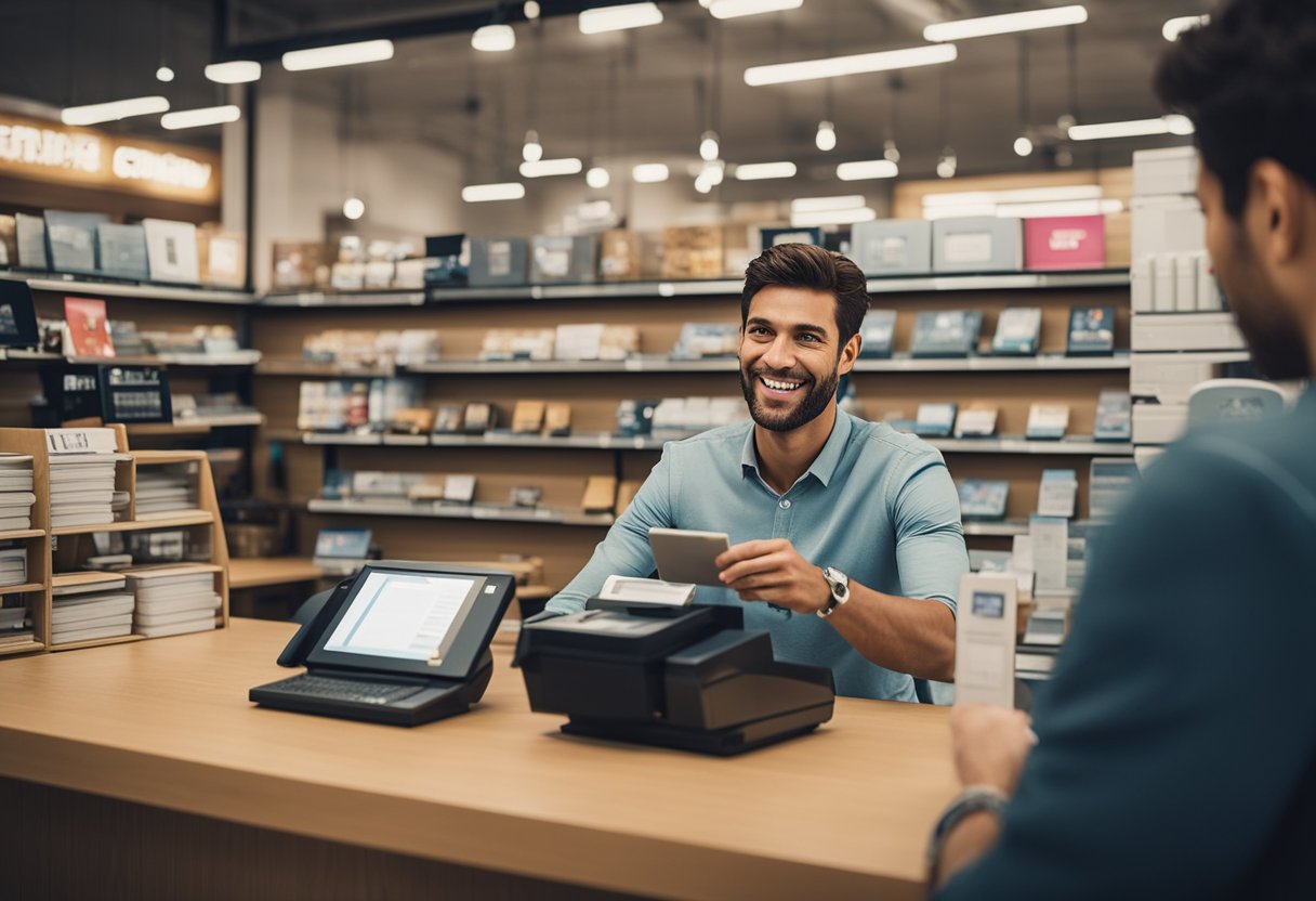 Um cliente em uma mesa, perguntando a um funcionário da loja sobre o limite de crédito inicial para um cartão Magazine Luiza