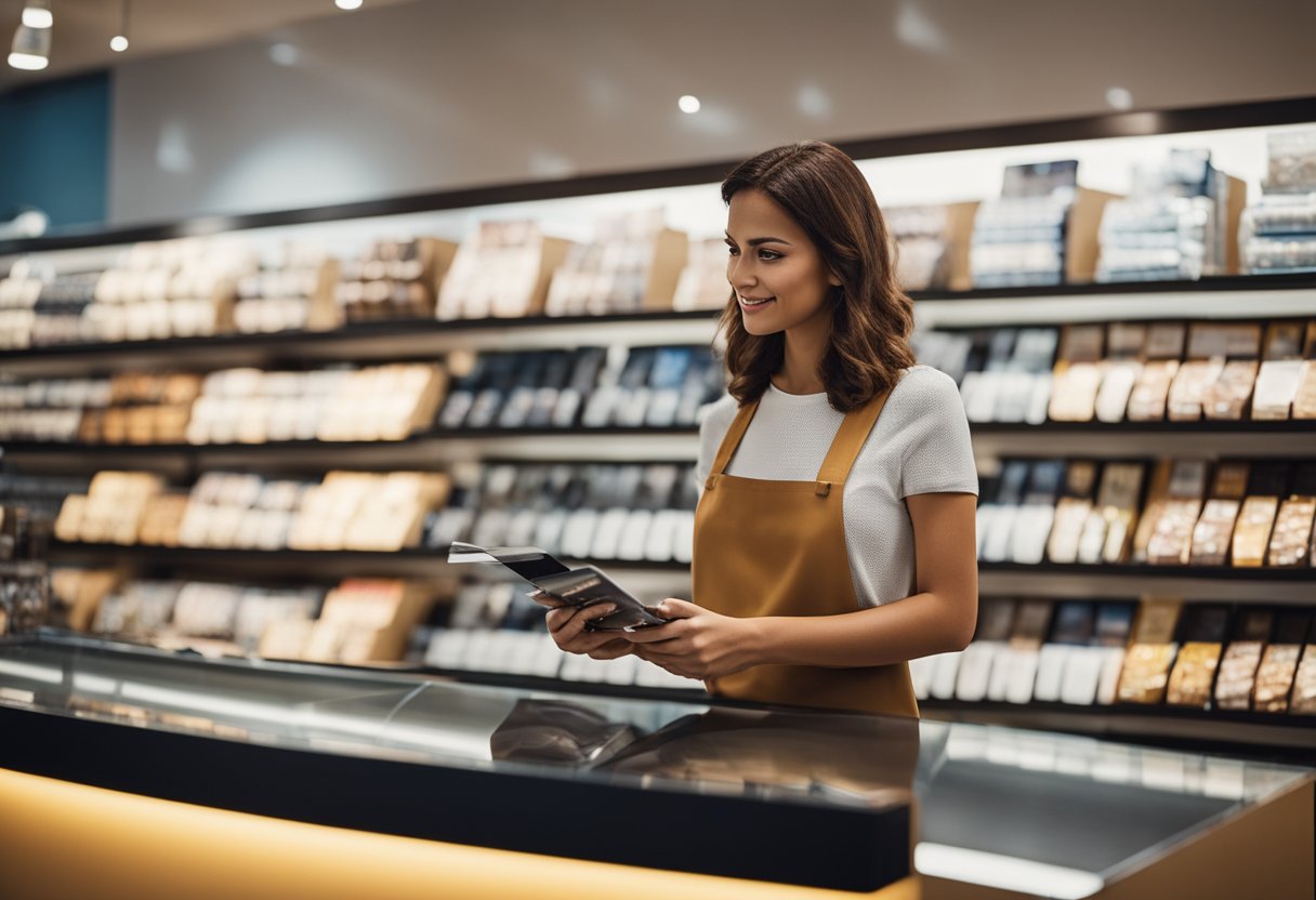 Um cliente em pé no balcão de uma loja Magazine Luiza, perguntando ansiosamente sobre o limite de crédito inicial do seu cartão.