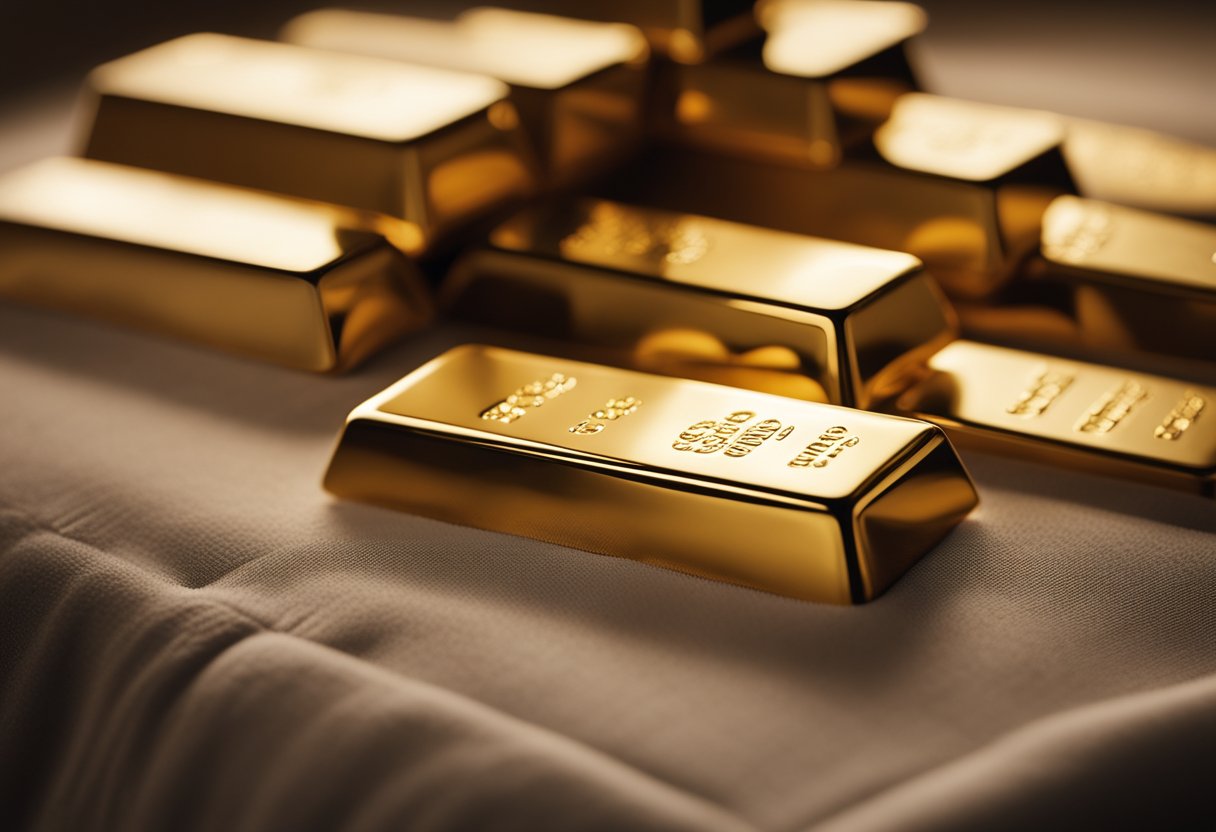 Uma barra de ouro brilhante repousa em um travesseiro de veludo, cercada por um suave brilho dourado. O peso da barra é evidente enquanto ela está sobre uma balança, com o preço atual do ouro exibido nas proximidades.
