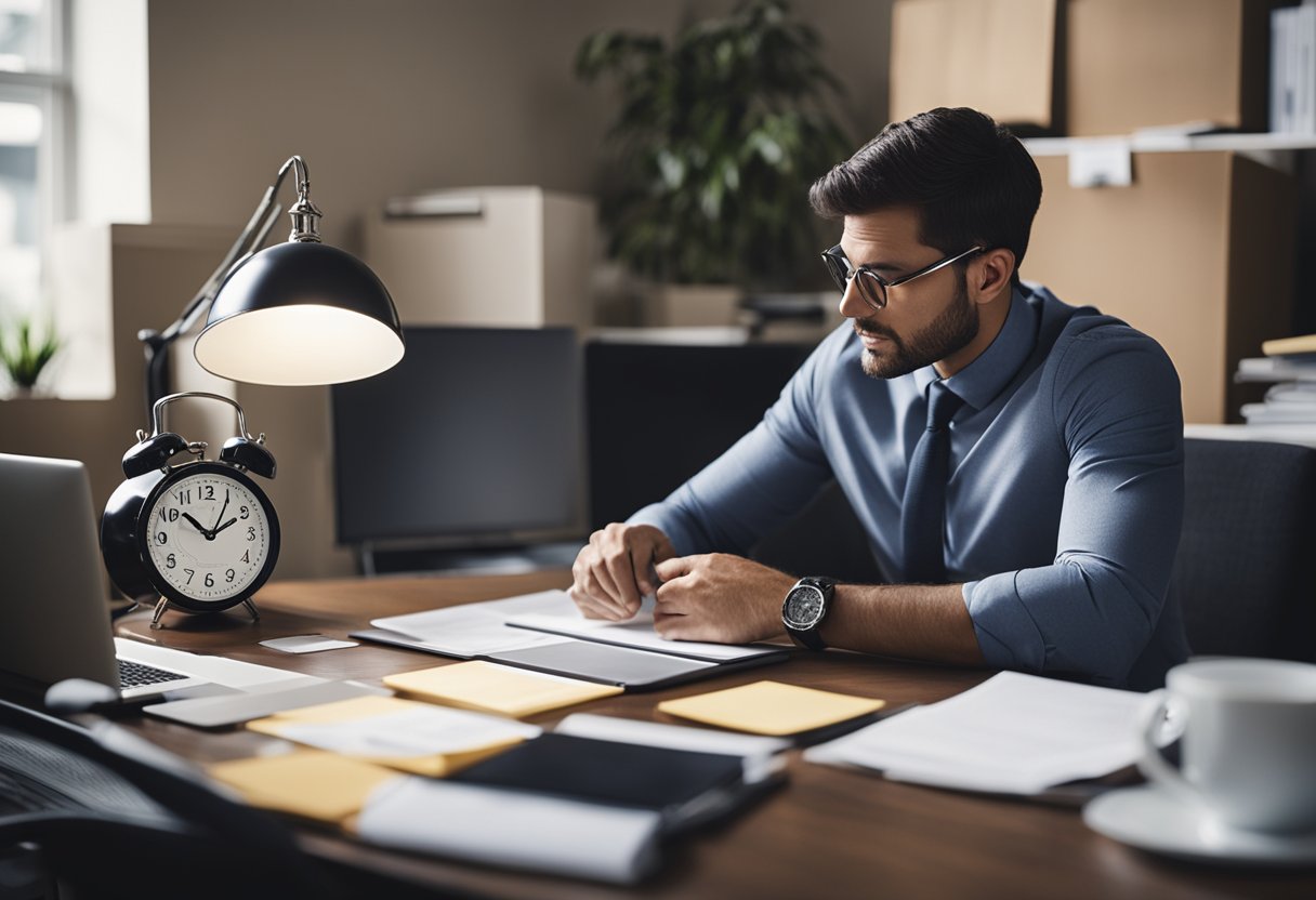 Uma pessoa espera por uma análise de empréstimo, olhando para um relógio e um calendário enquanto está sentada a uma mesa com papéis e um computador.