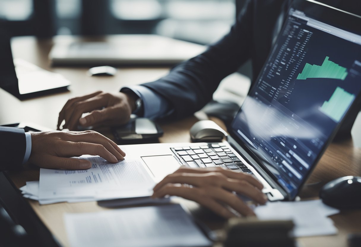 Uma pessoa sentada em uma mesa com um computador, revisando documentos financeiros e digitando em um teclado. Arquivos e papéis estão espalhados pela mesa.